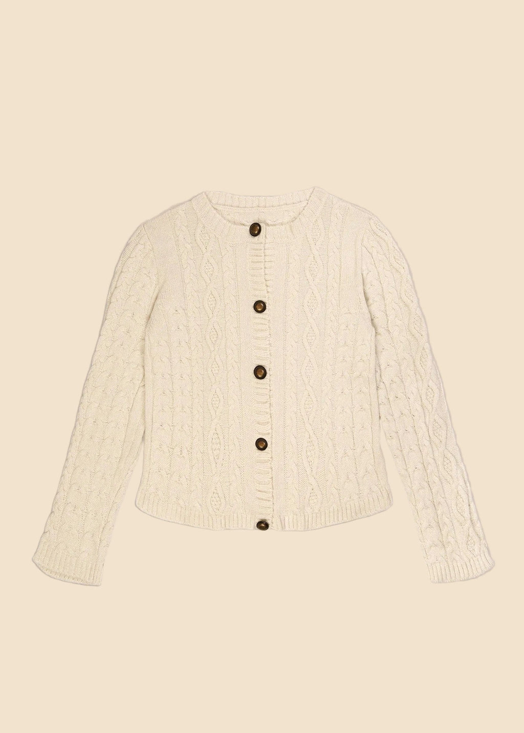 Cream-colored cable knit cardigan with buttons on a beige background