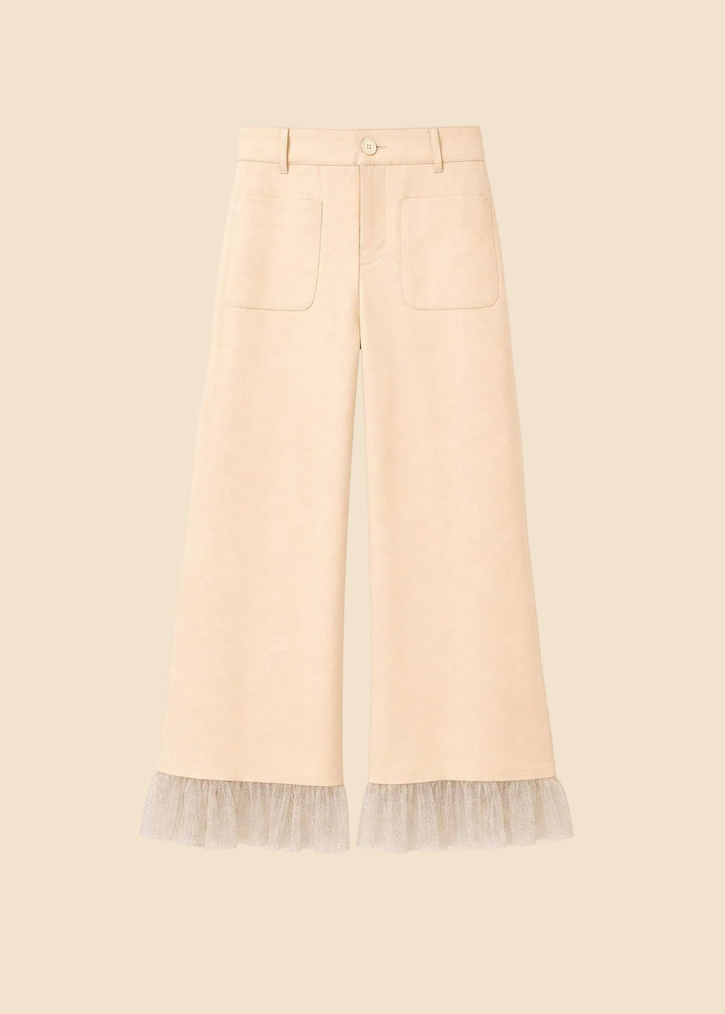 Beige pants with lace trim on a light pink background