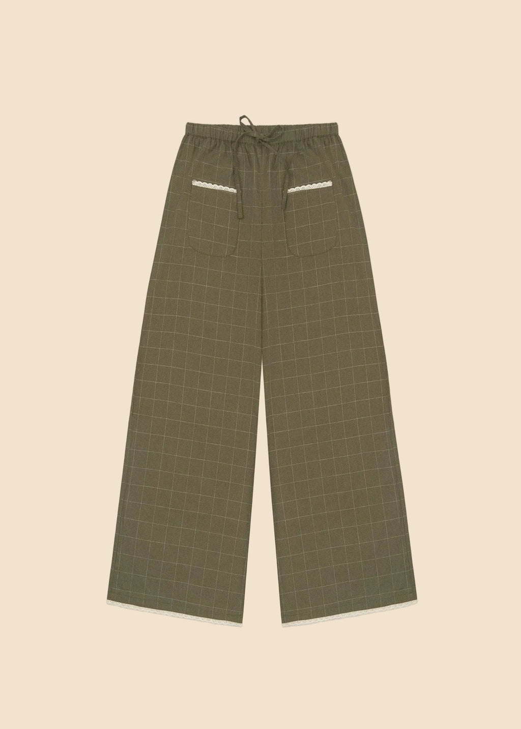 Green checkered pants on a light gray background