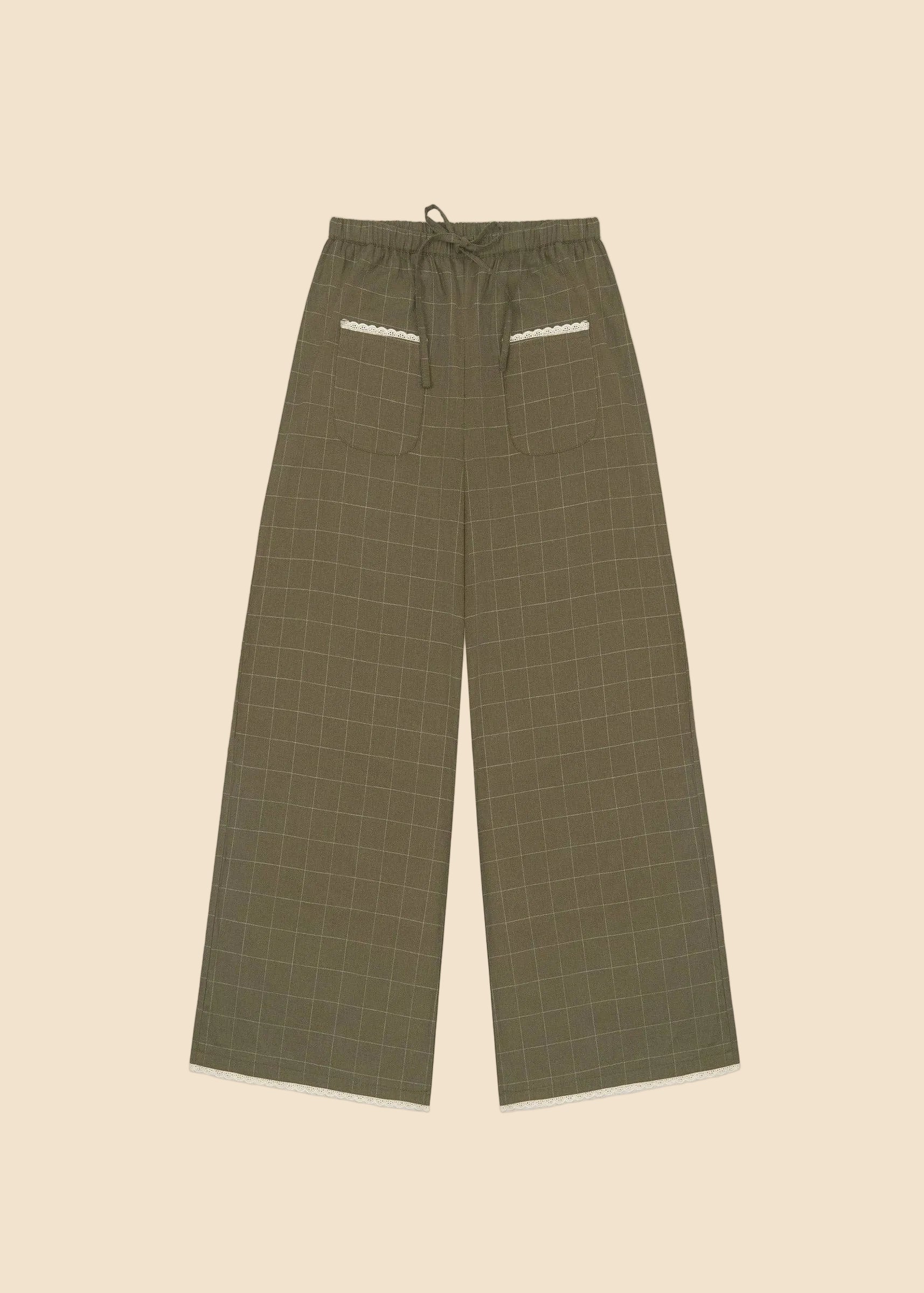 Green checkered pants on a light gray background
