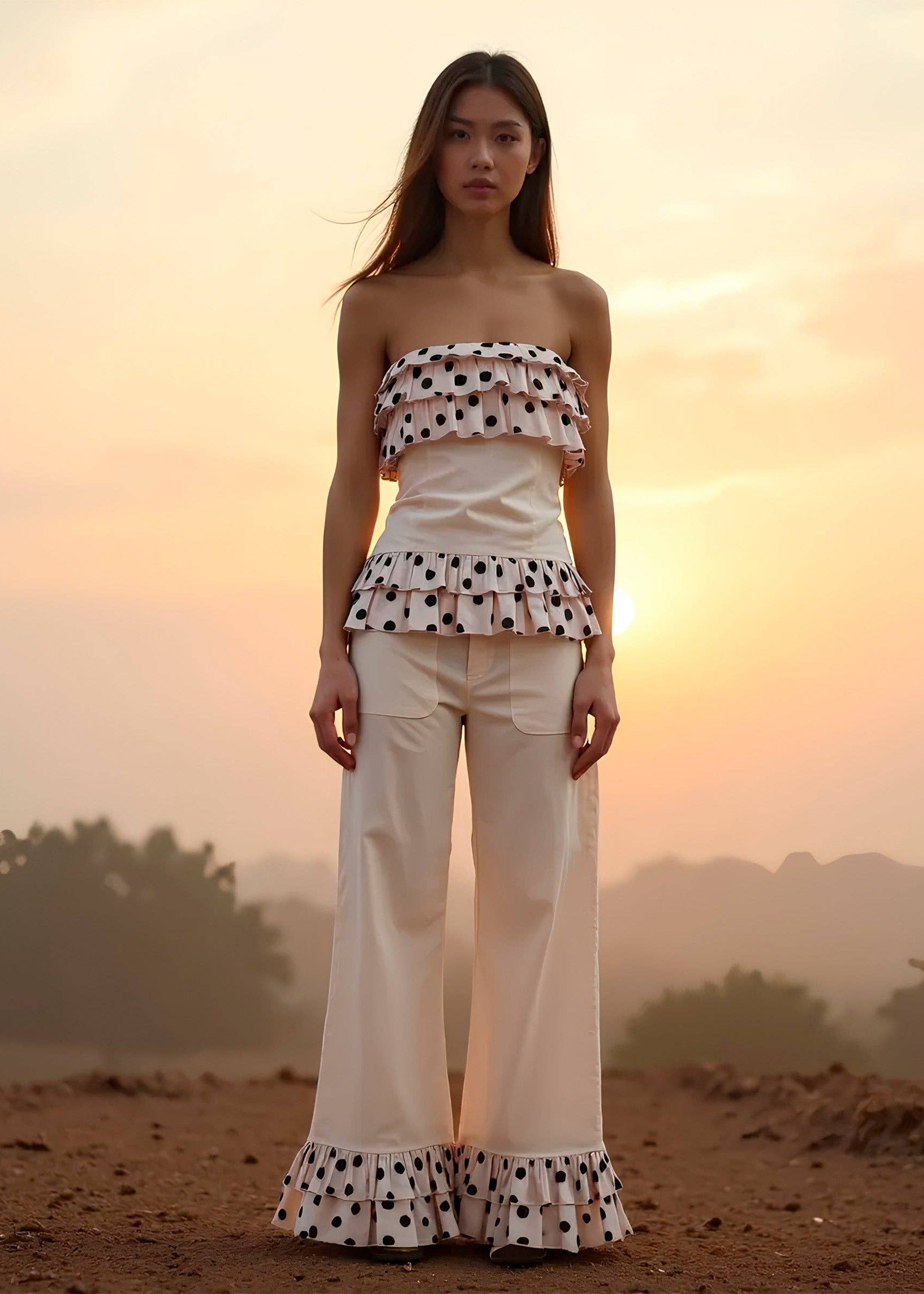 Woman wearing a polka dot top and white pants with ruffled hem against a sunset background