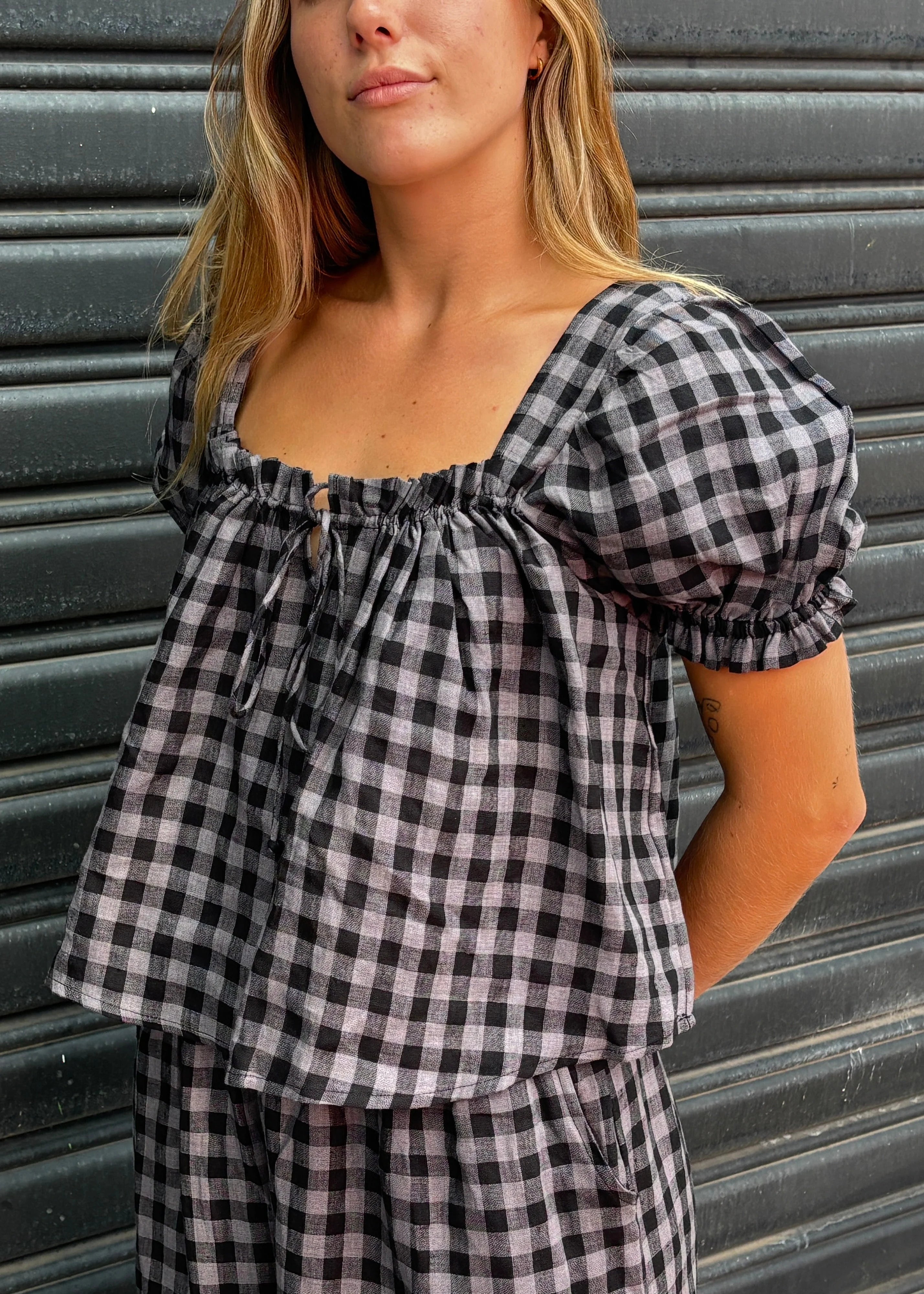 The Bare Road: Ava Blouse in Slate Gingham