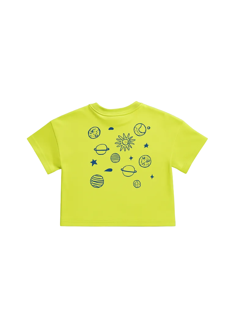 Yellow t-shirt with space-themed graphics on a blue background