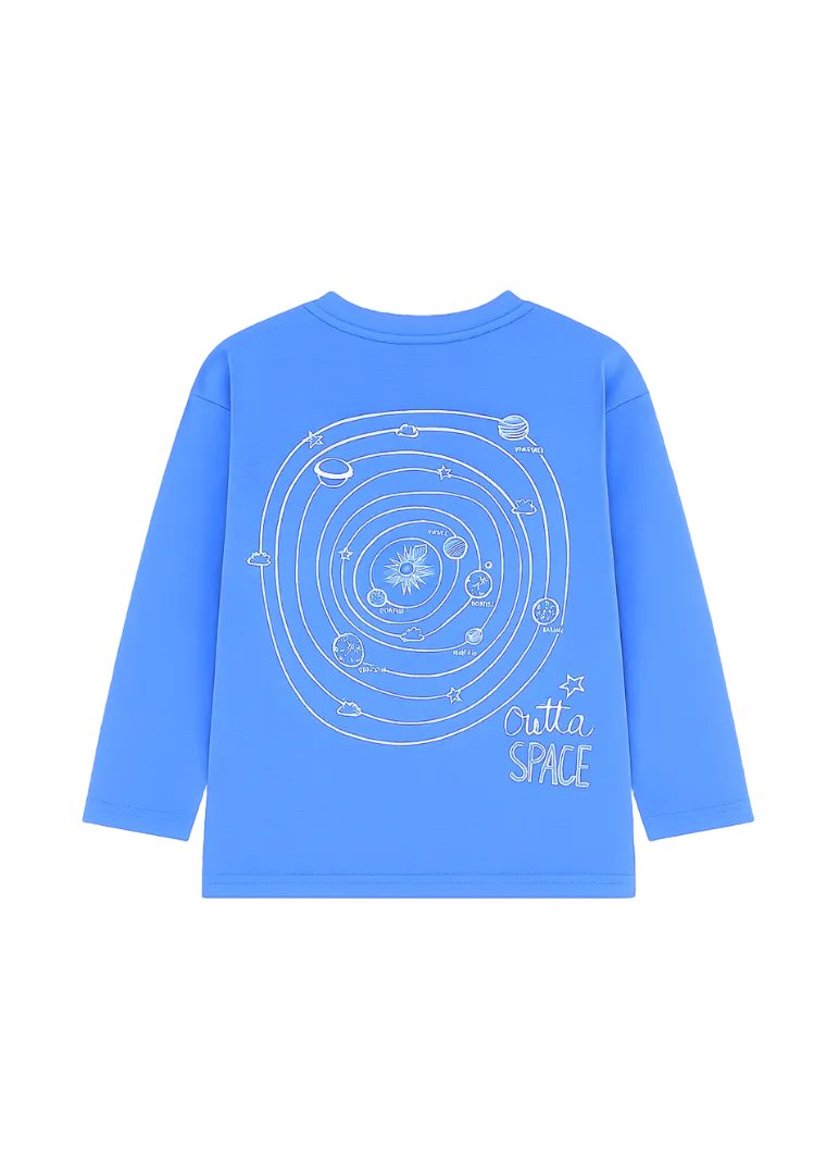 Blue long-sleeve shirt with a space-themed design on a blue background