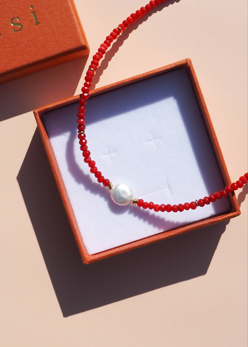 Alesi Jewellery: Red Gemstone and Freshwater Pearl Necklace