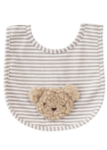 Striped bib with a teddy bear patch on a white background