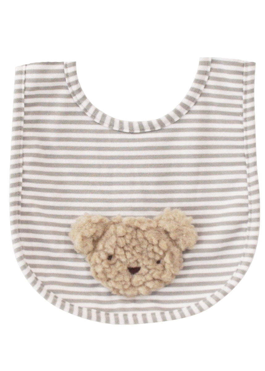 Striped bib with a teddy bear patch on a white background