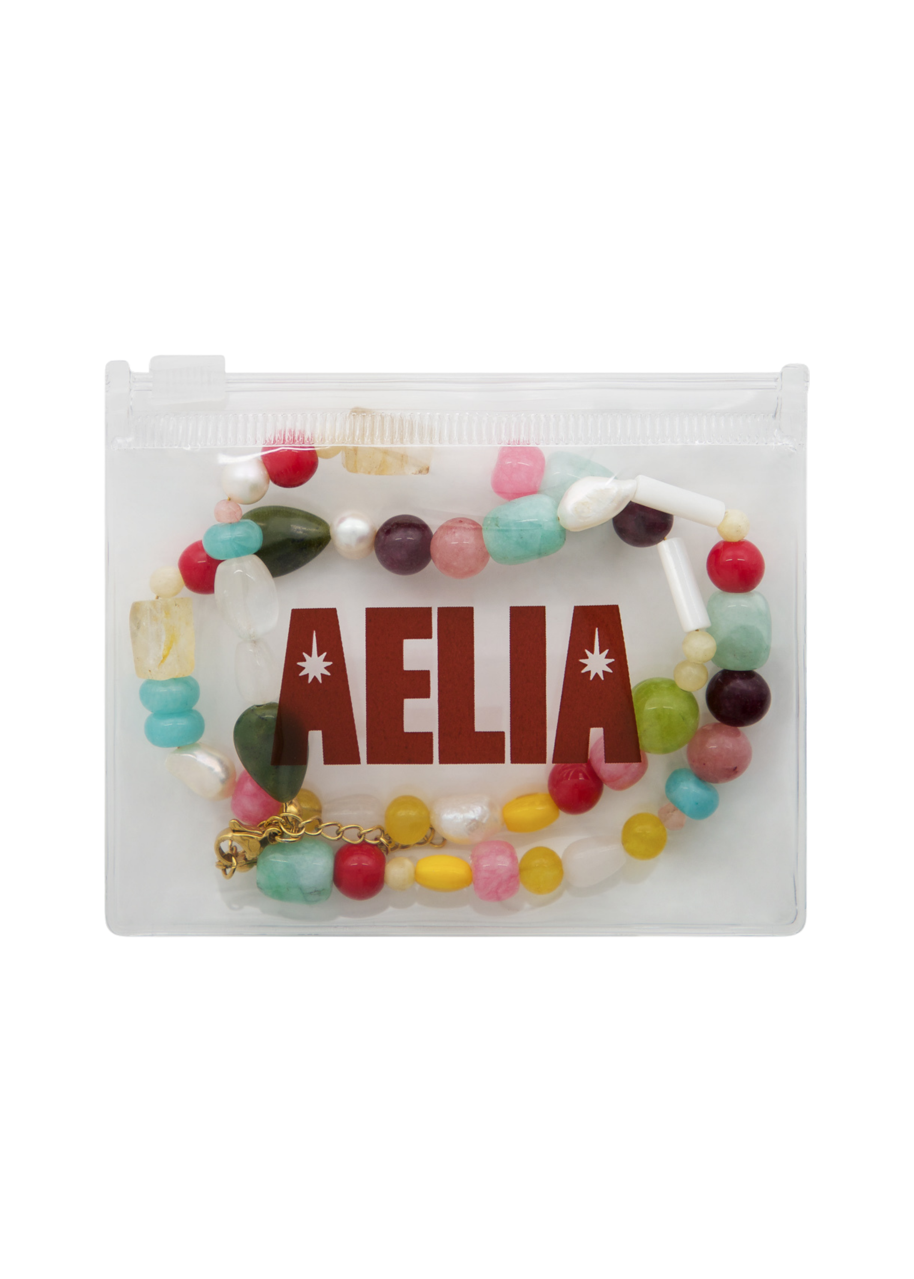 Colorful beaded bracelet with 'AELIA' branding on a white background