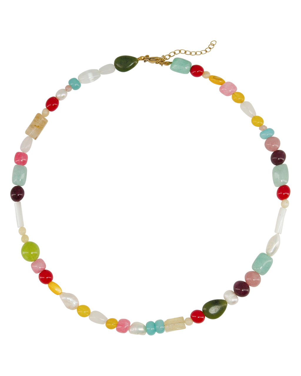 Multicolored beaded necklace on a white background