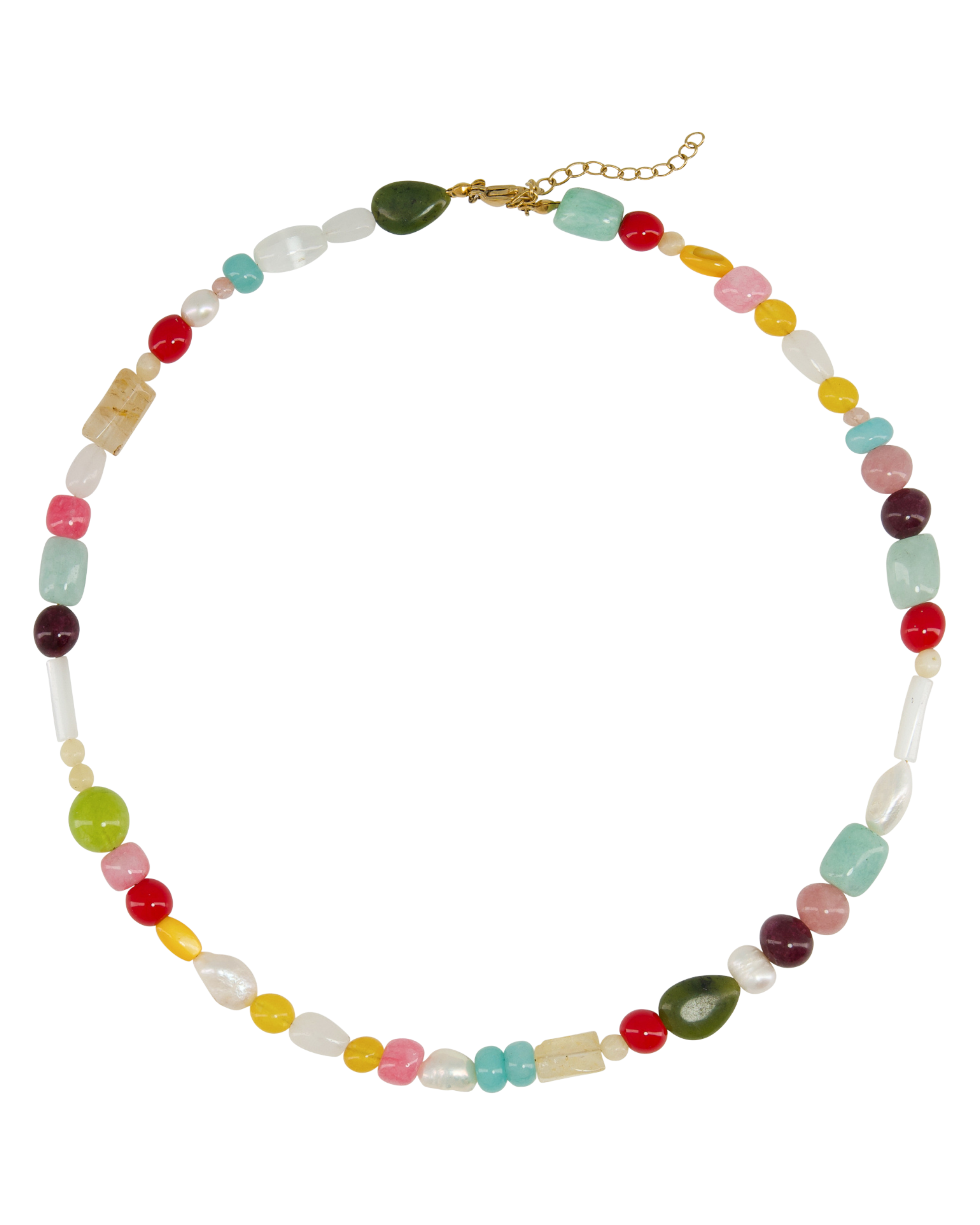 Multicolored beaded necklace on a white background