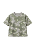 A short-sleeve crewneck t-shirt with an all-over camouflage pattern in olive green and light gray, accented with small light yellow stars, shown on a plain white background.