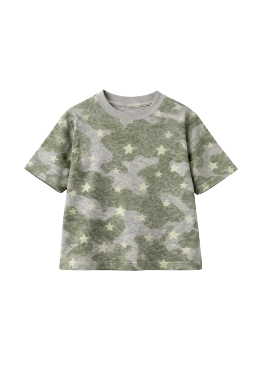 A short-sleeve crewneck t-shirt with an all-over camouflage pattern in olive green and light gray, accented with small light yellow stars, shown on a plain white background.