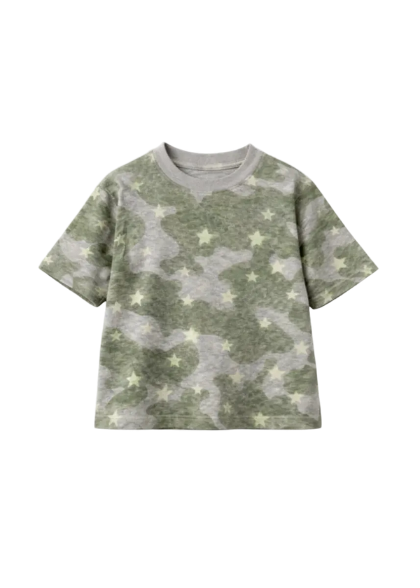 A short-sleeve crewneck t-shirt with an all-over camouflage pattern in olive green and light gray, accented with small light yellow stars, shown on a plain white background.