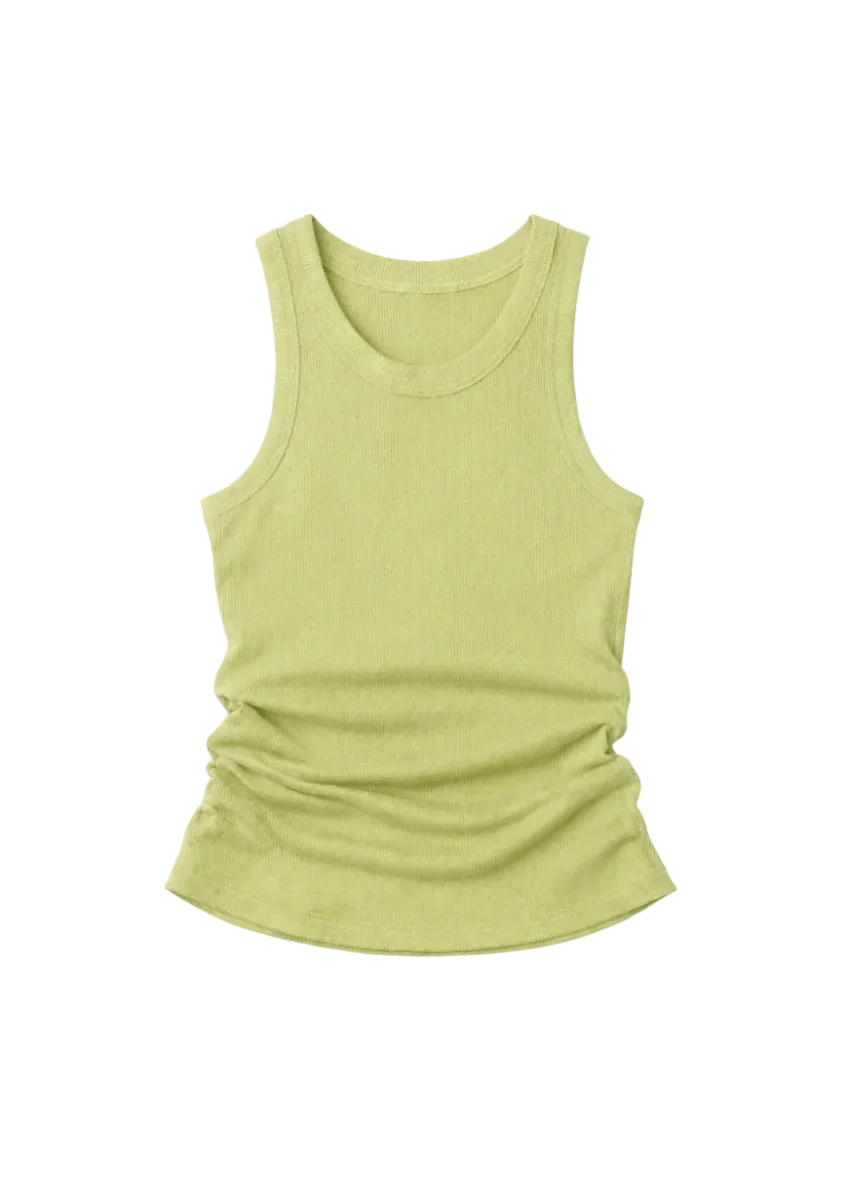 A light lime green ribbed tank top with a scoop neck, displayed flat against a solid white background.