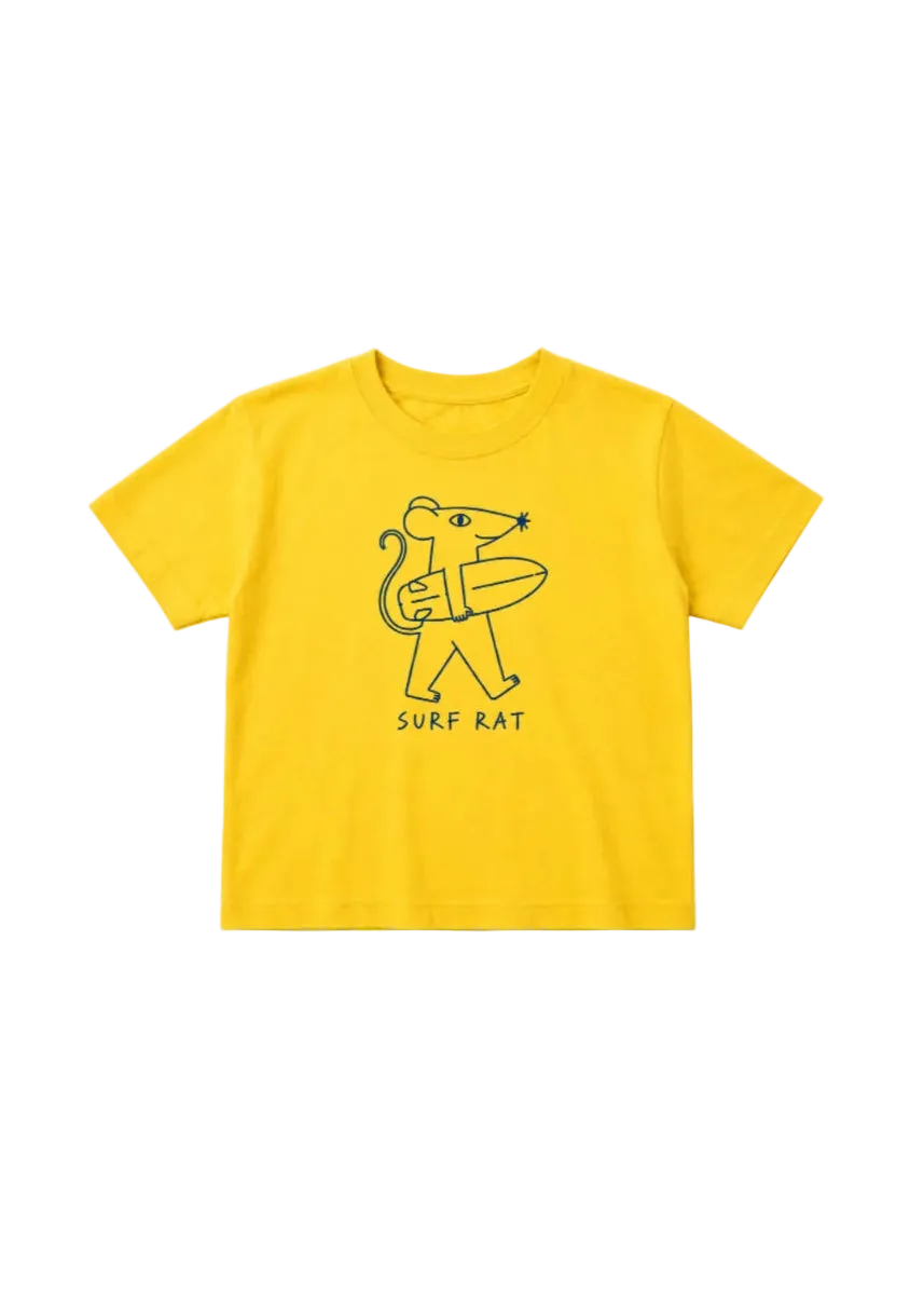A bright yellow short-sleeve kids' t-shirt featuring a black line art graphic of a dog carrying a surfboard, with the text 'SURF RAT' printed below it, displayed on a clean white background.
