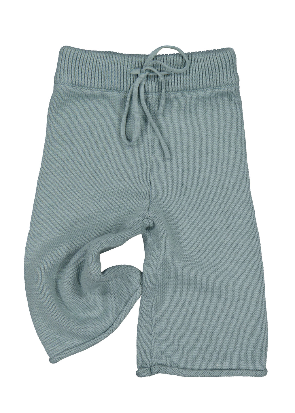 Light blue ribbed knit baby pants with a drawstring on a white background