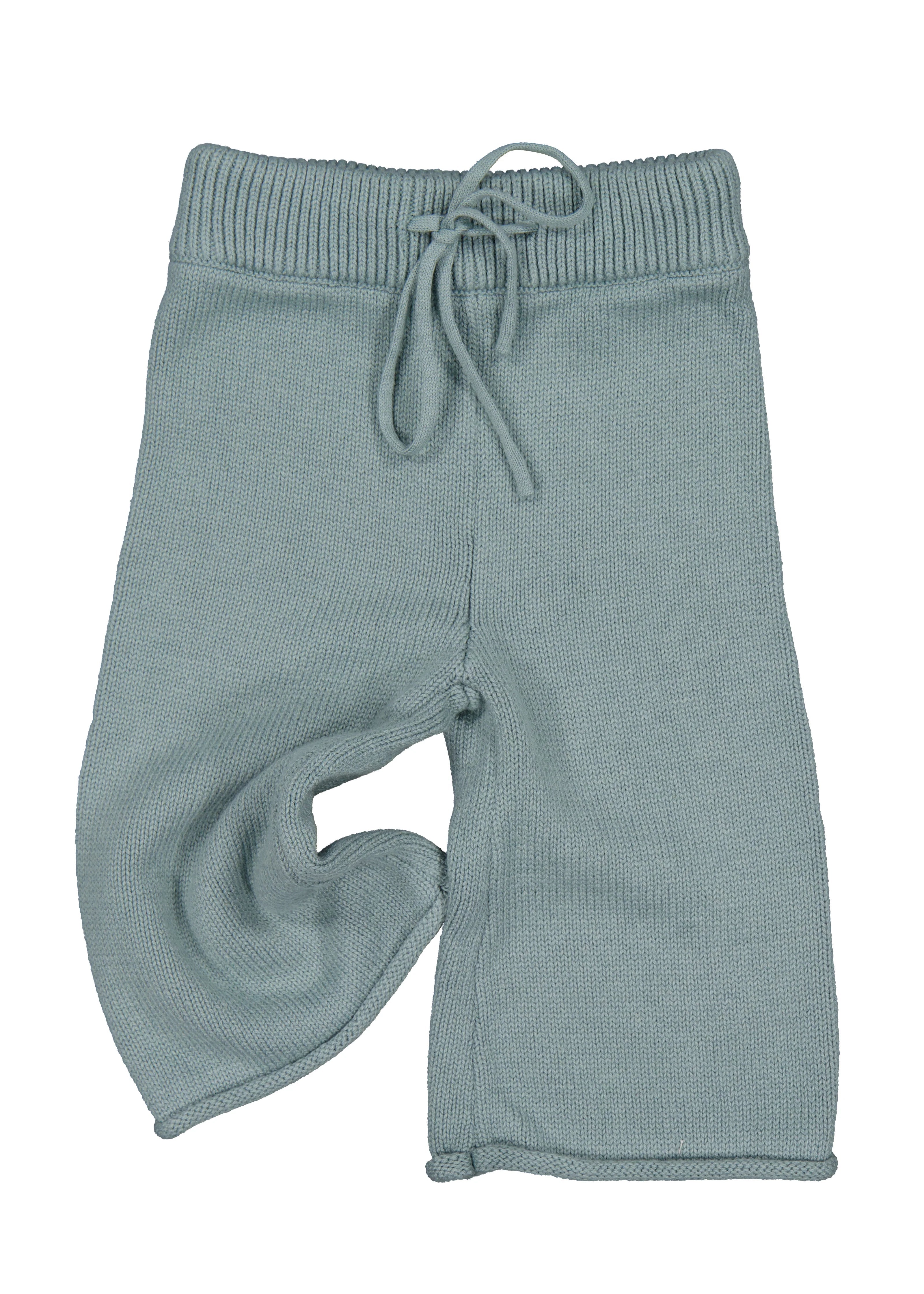 Light blue ribbed knit baby pants with a drawstring on a white background
