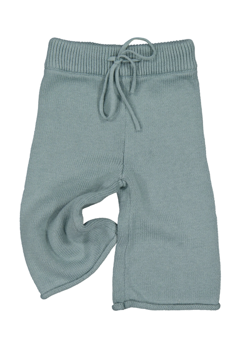 Light blue ribbed knit baby pants with a drawstring on a white background