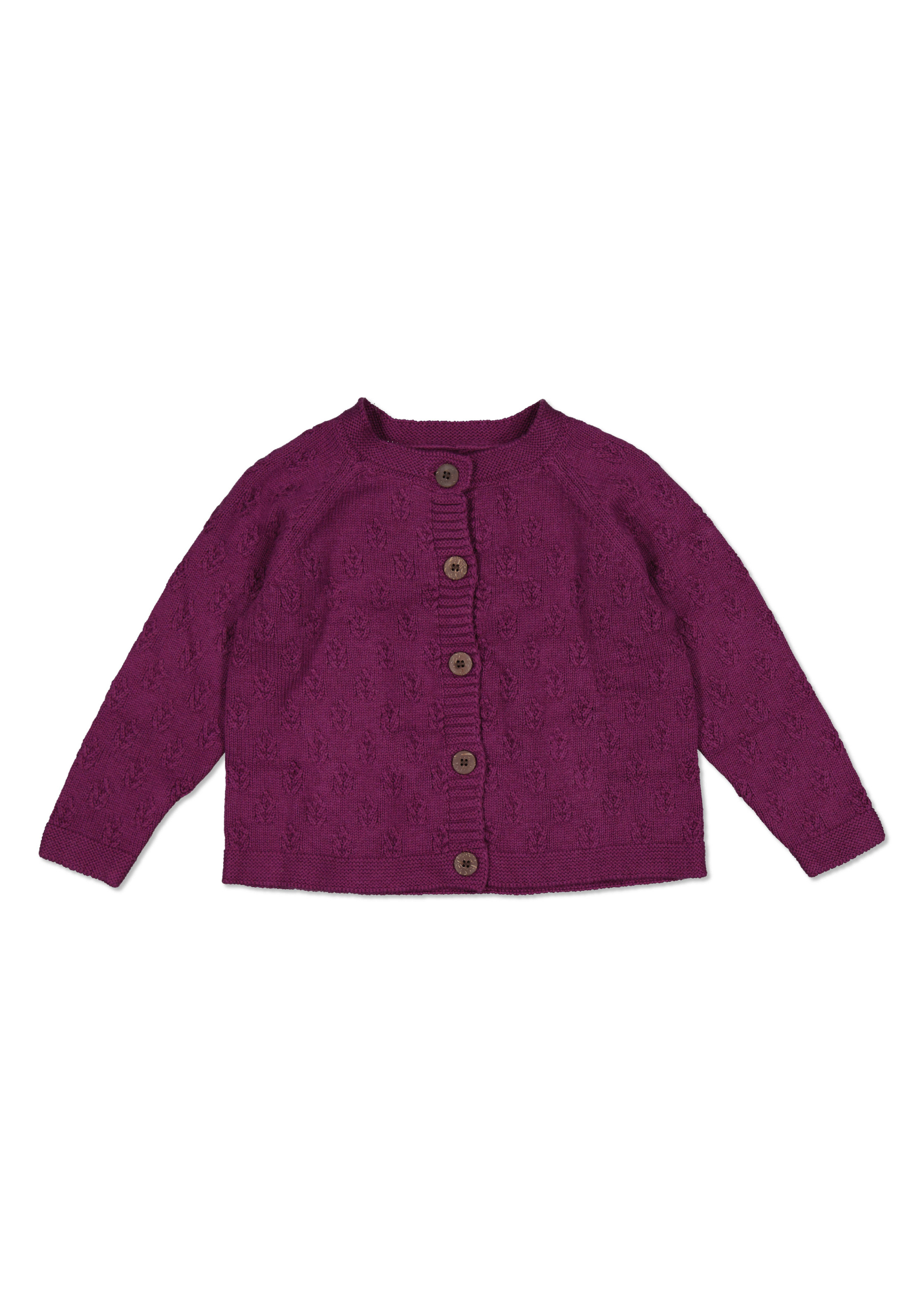 Purple knitted cardigan with buttons on a white background