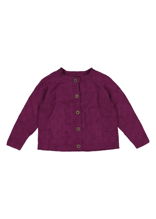Purple knitted cardigan with buttons on a white background