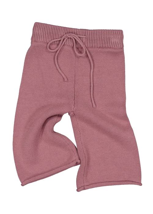 Pink ribbed knit pants with drawstring on a white background