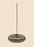 A modern pendant light with a thick, rounded translucent smoky glass shade and a thin vertical metal rod extending upwards, shown against a solid light beige background.