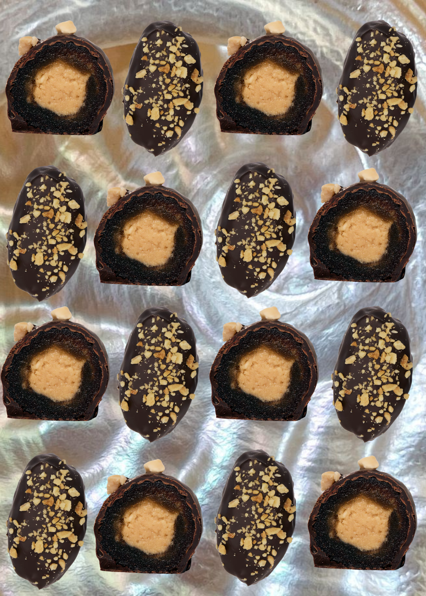 Chocolate truffles with a peanut filling on a silver tray