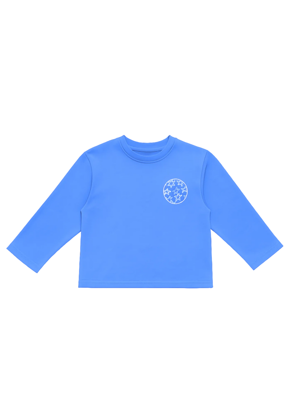 Blue long-sleeve shirt with a logo on a blue background