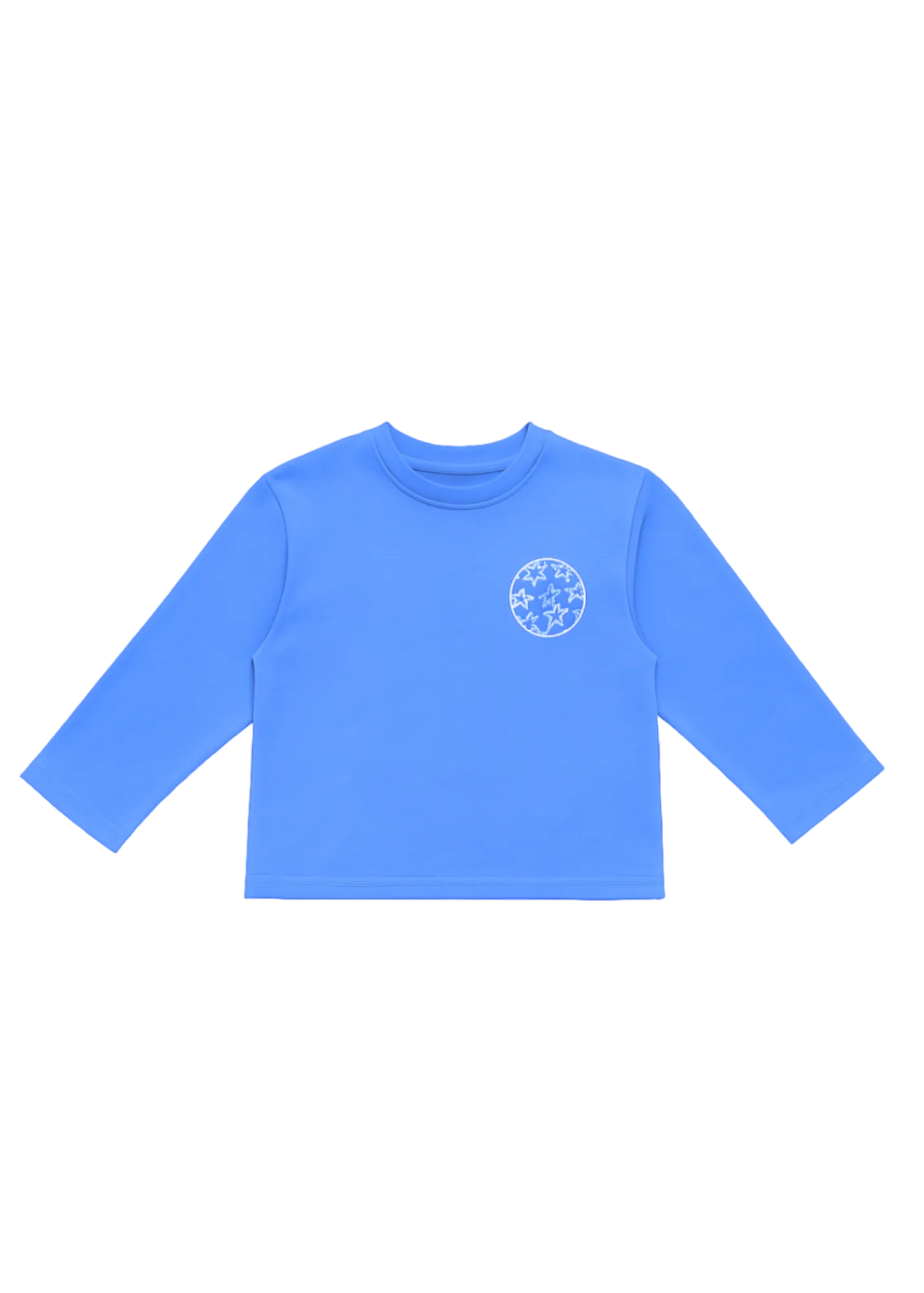 Blue long-sleeve shirt with a logo on a blue background