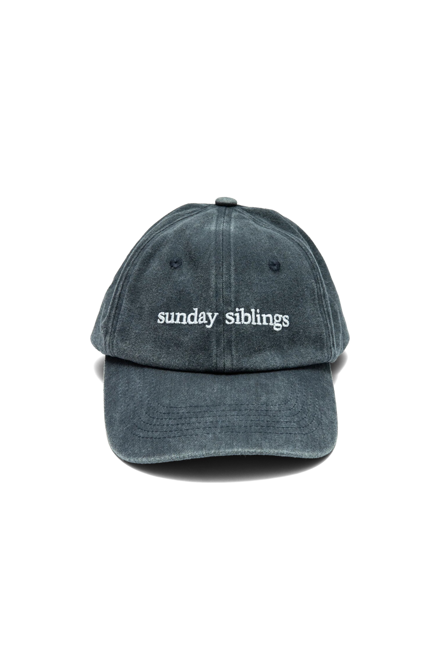 Gray cap with 'sunday siblings' text on a white background