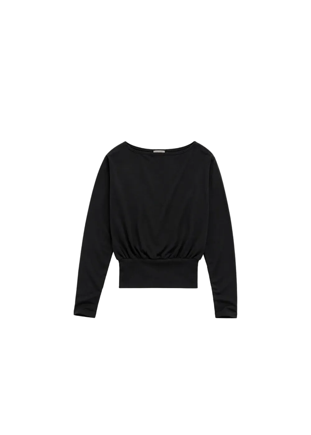 A black long-sleeve knit top with a wide boat neckline and a gathered, ruched waist, displayed flat against a light gray background.