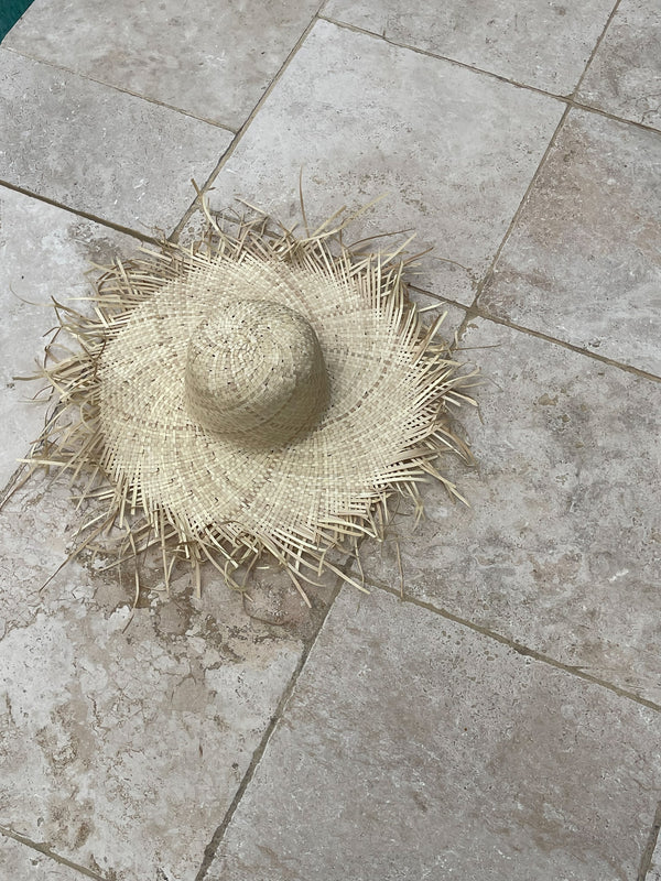 Worn straw hat on a stone floor