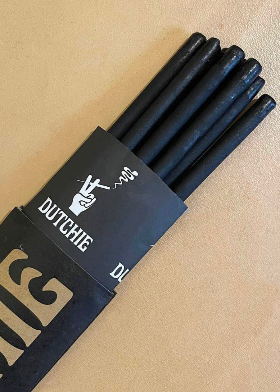 Pack of black pipes with 'Dutchie' branding on a beige background
