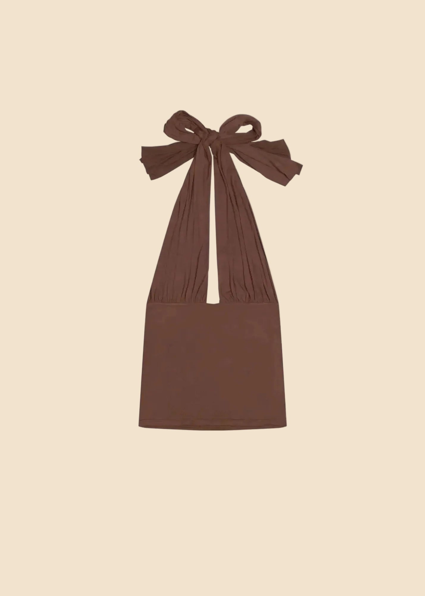 Brown dress with a bow detail on a white background