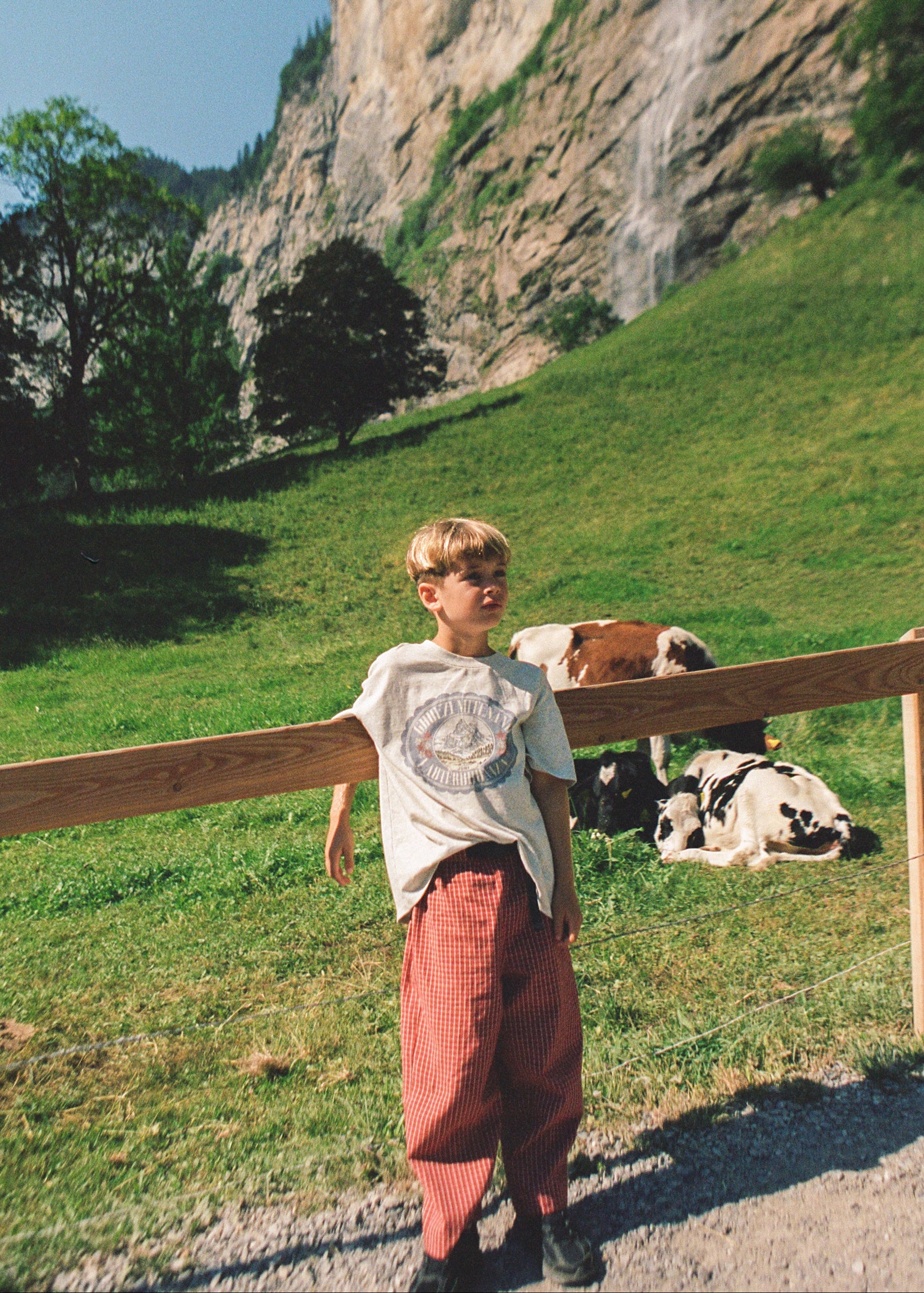 A young boy stands outdoors in a grassy mountain meadow with a tall rocky cliff and waterfall in the background. He is wearing a light graphic T-shirt and loose reddish-brown pants, leaning against a wooden fence near grazing cows.
