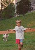 A young boy wearing a white graphic t-shirt, red shorts, and red socks stands behind a wooden fence in a grassy field, looking off-camera. A black and white cow is visible in the background on a green hill with trees and a rocky cliff.