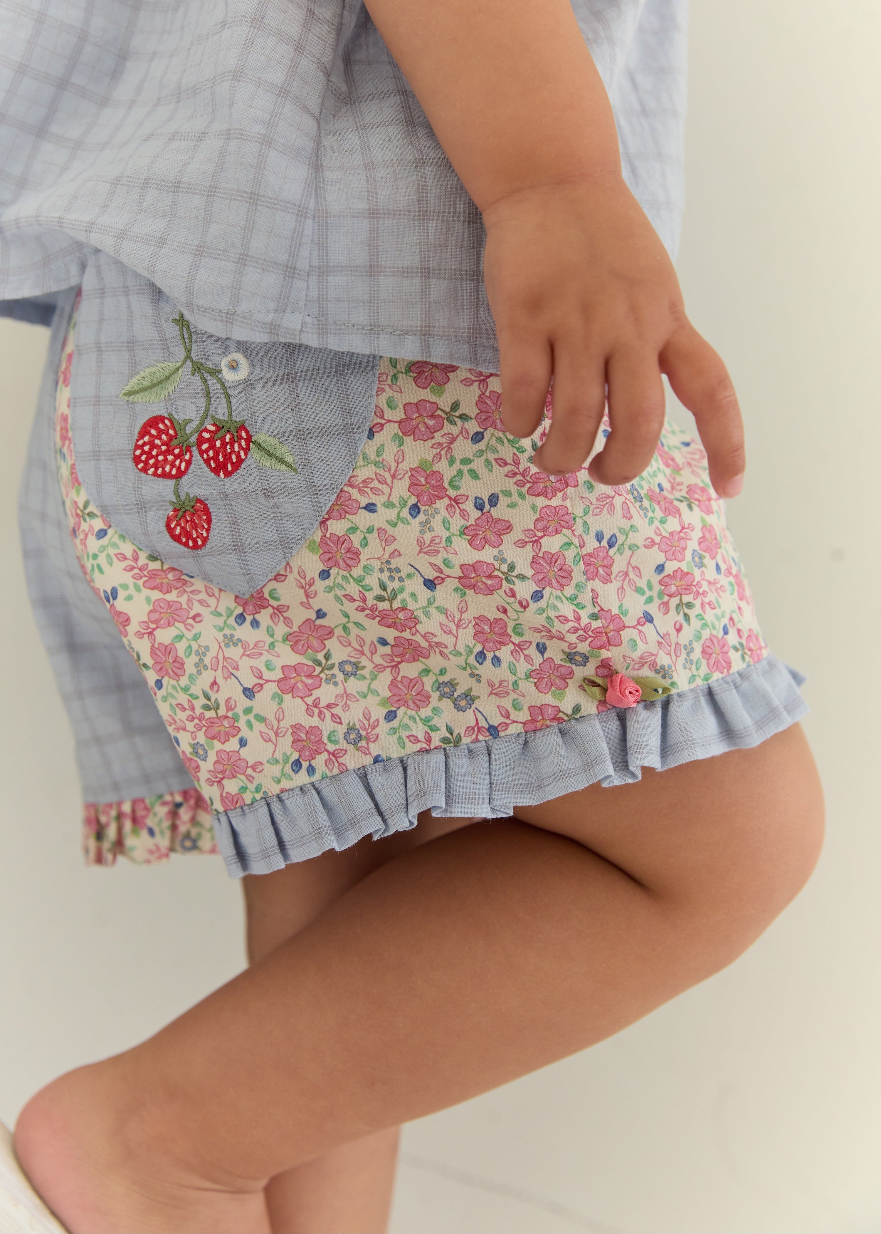 Close-up of a child wearing a light blue plaid top and matching ruffled skirt with a pink floral panel and strawberry embroidery.