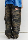 Camouflage cargo pants with a red logo on a white background