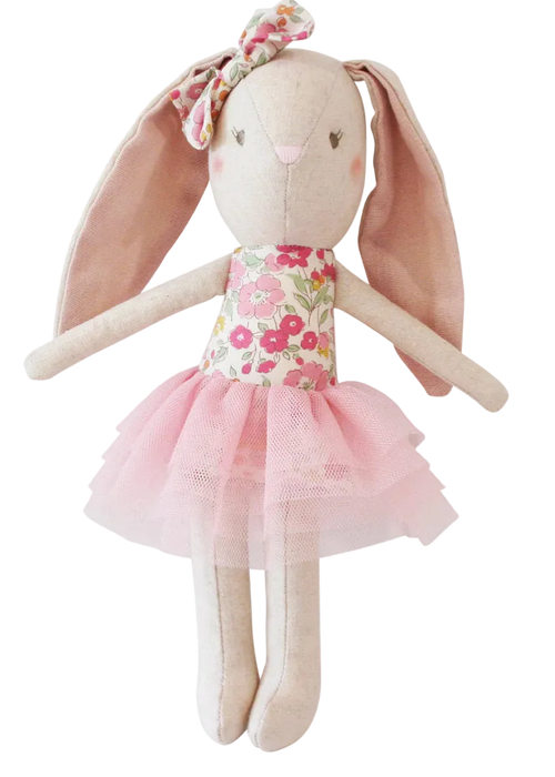 Stuffed bunny doll with floral dress and pink tutu on a white background