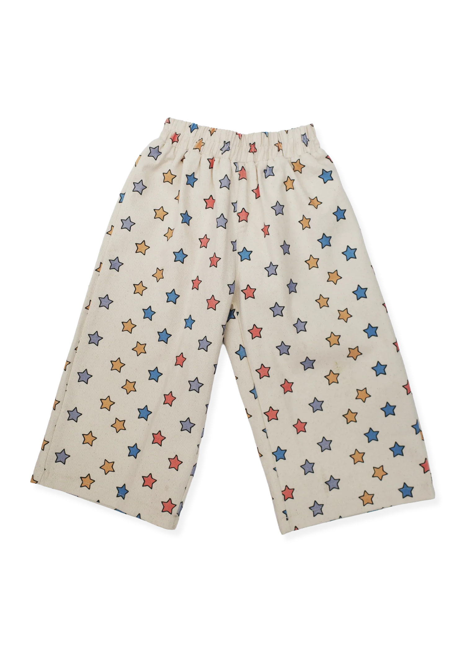 Beige pants with colorful star pattern on a white background