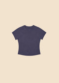 A short-sleeve crewneck crop top in a muted slate purple color, displayed flat against a light gray background.