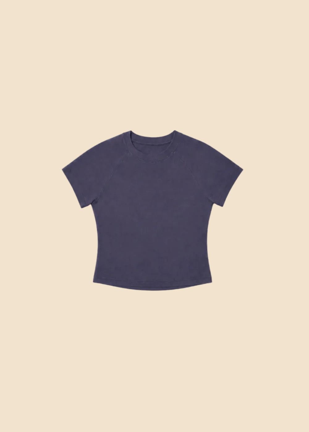 A short-sleeve crewneck crop top in a muted slate purple color, displayed flat against a light gray background.
