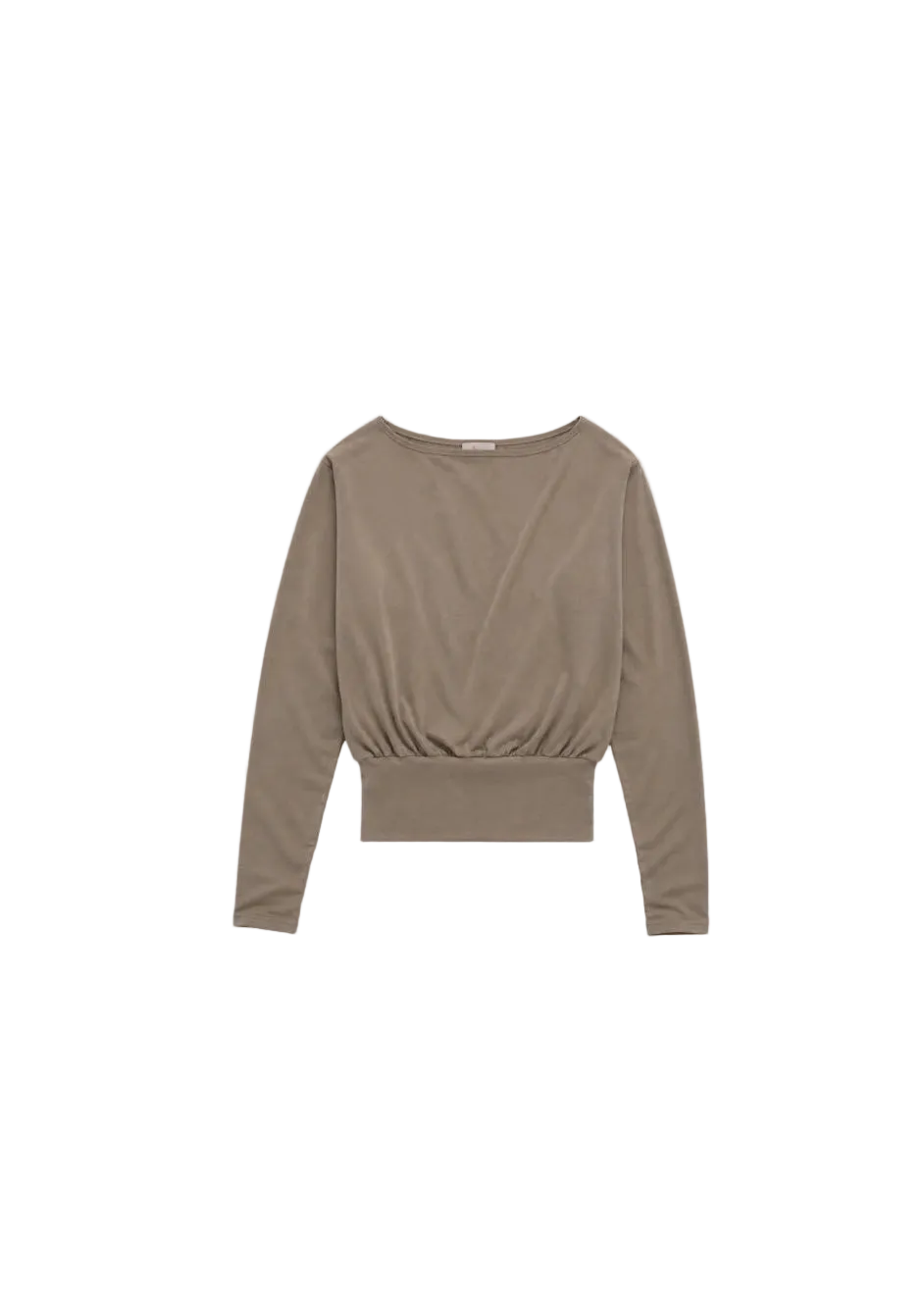 A taupe long-sleeve knit top with a wide boat neckline and a gathered, cropped hem, shown flat against a light gray background.