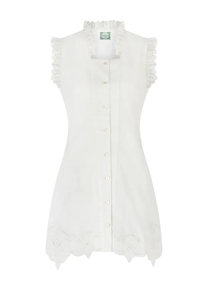 White sleeveless dress with lace details on a white background
