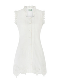 White sleeveless dress with lace details on a white background