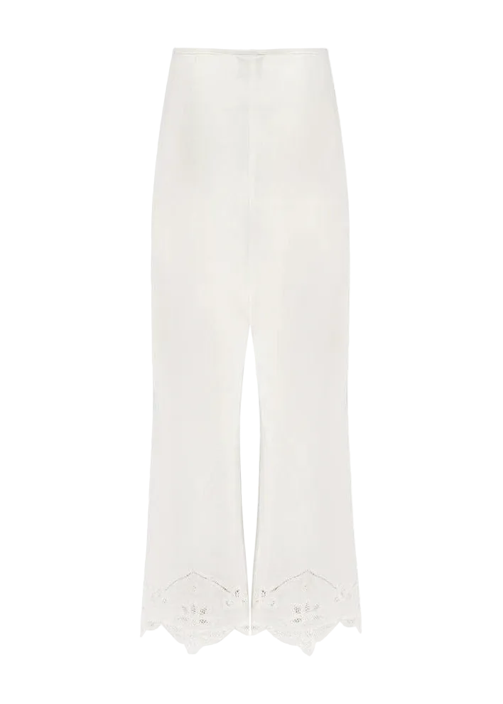 White pants with lace detailing on a white background