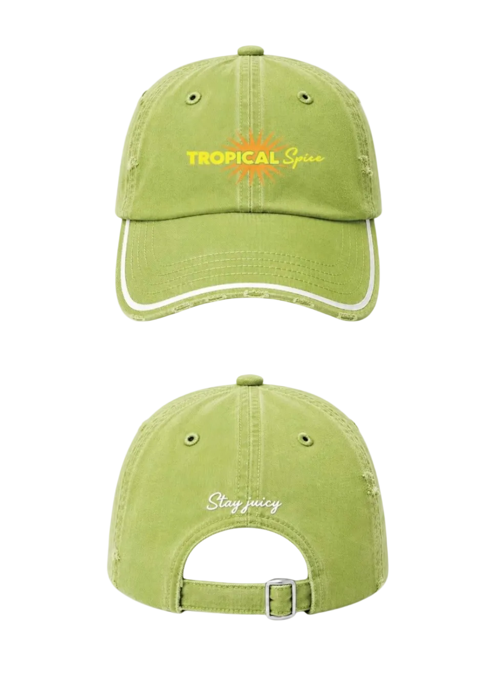 A light green baseball cap shown from the front and back. The front features a yellow and orange 'TROPICAL Spicess' graphic, and the back has 'Stay juicy' embroidered in white script above a silver metal buckle.
