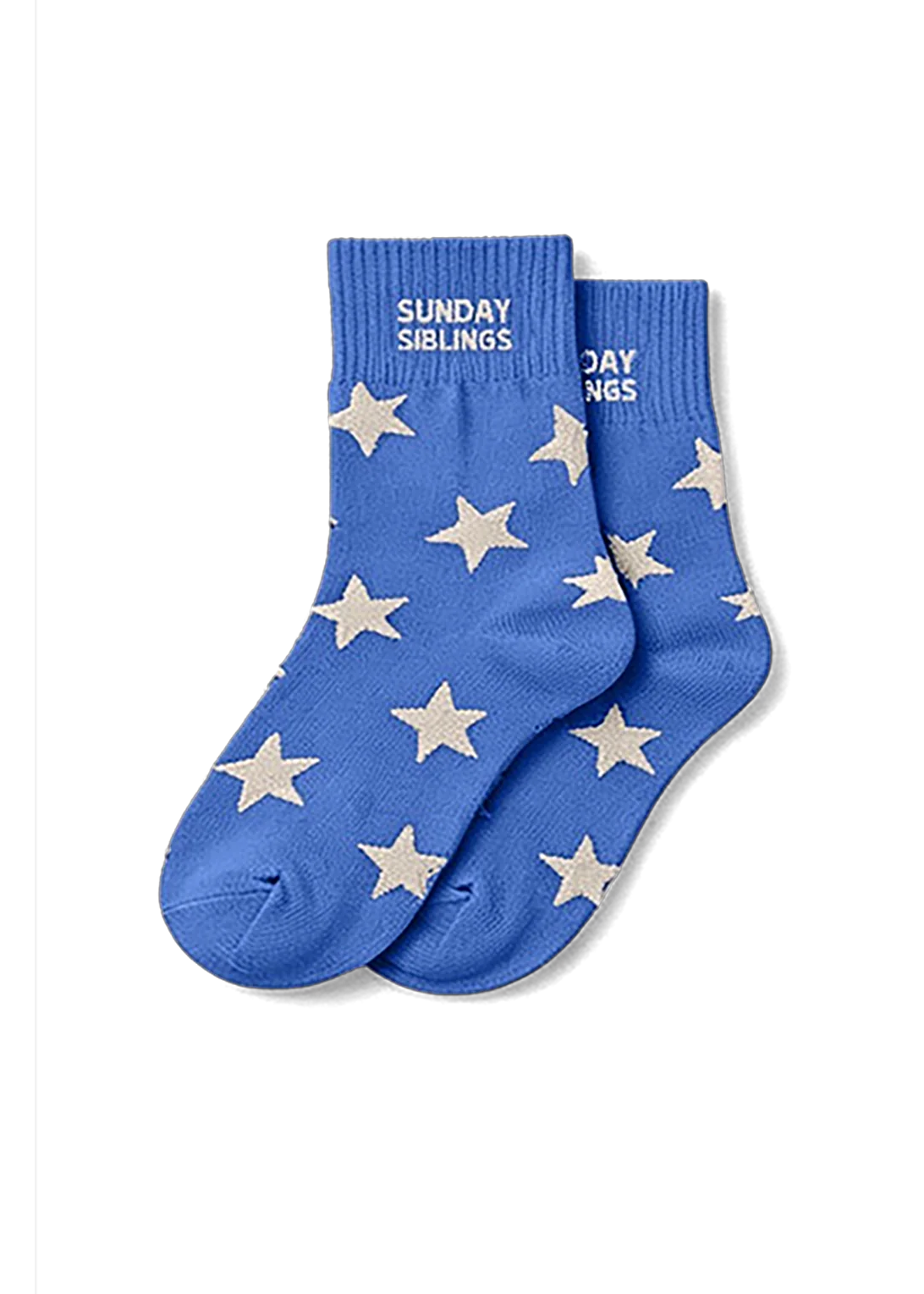 A pair of blue crew socks with a pattern of cream stars and white text reading 'SUNDAY THINGS' on the cuff, displayed against a plain white background.