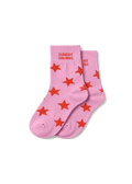 A pair of light pink ankle socks with red star patterns and 'SUNDAY SUNDRIES' printed in red on the cuff, displayed on a clean white background.