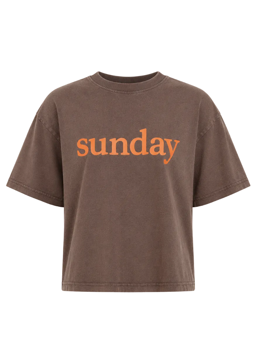 A brown washed short-sleeve t-shirt with the word 'sunday' printed in orange across the chest, displayed on a clean off-white background.